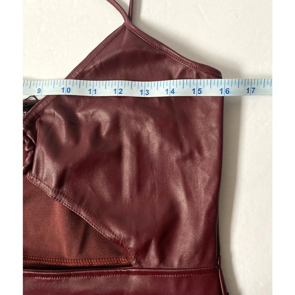 Pretty Little Thing Mini Dress Womens 12 Burgundy Faux Leather Cut Out Bodycon - Picture 12 of 16